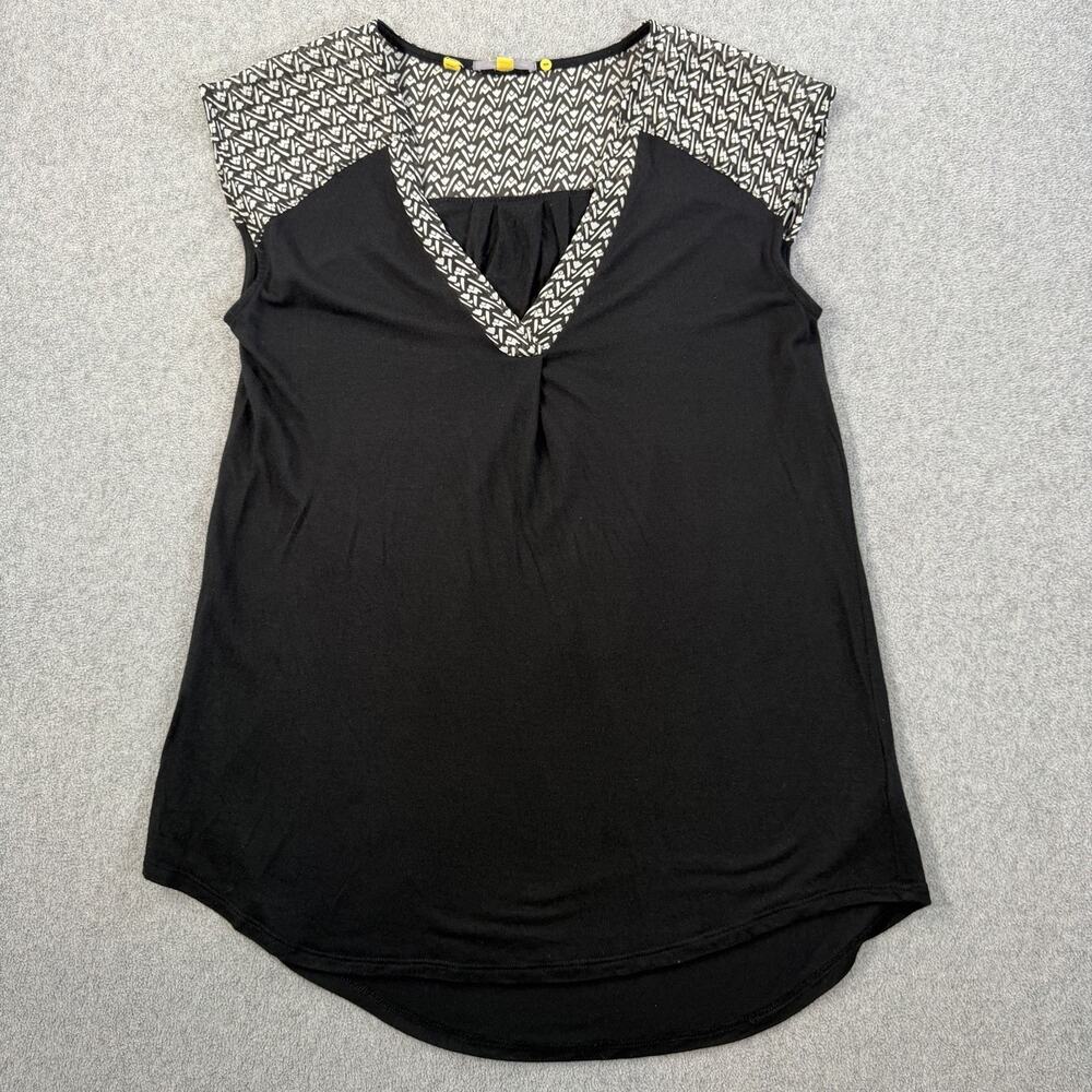 Little Yellow Button V-Neck Blouse Top Women's Small Black/White Cap Sleeve